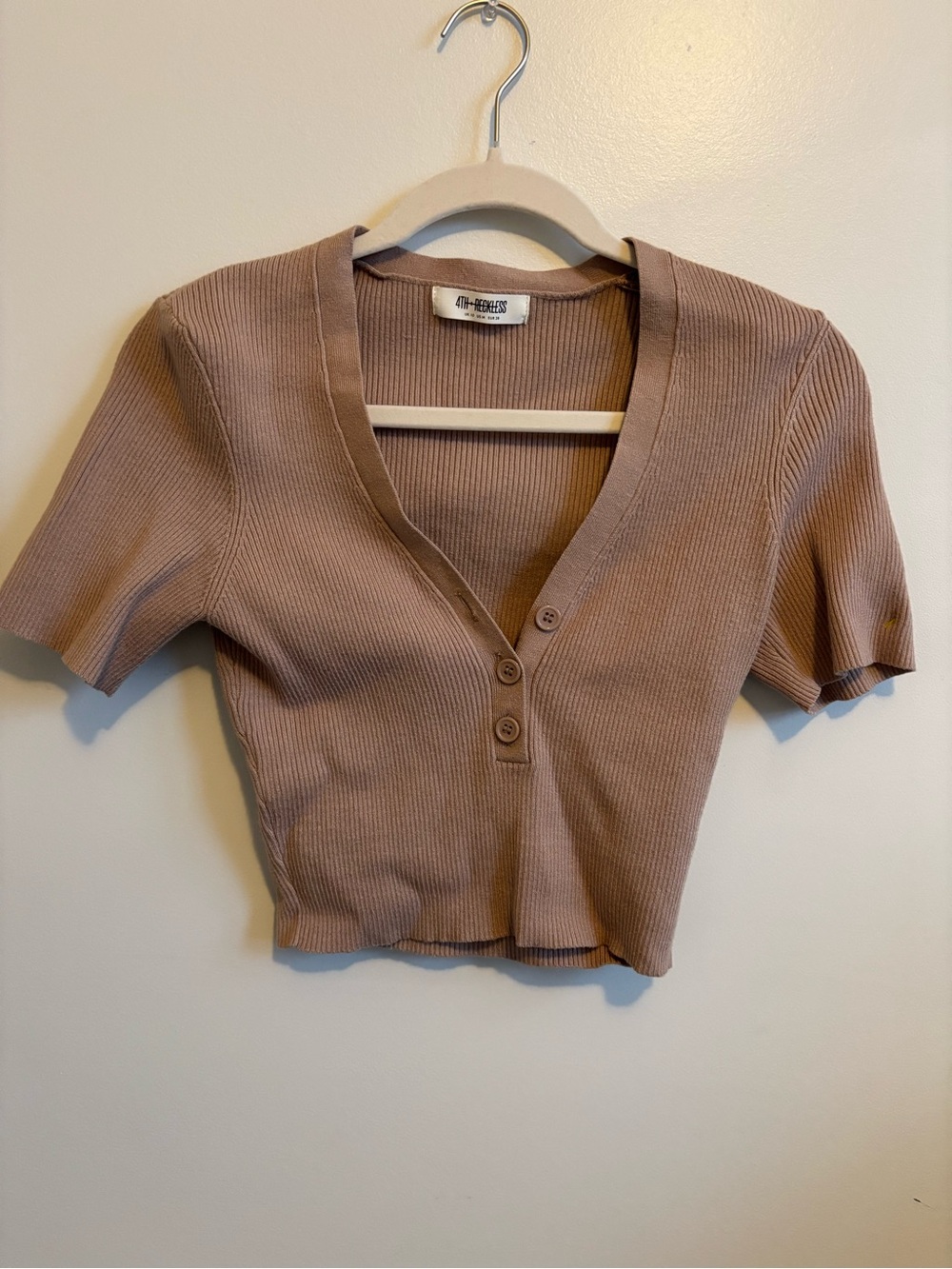 Ribbed Button-Front Crop Top in Taupe